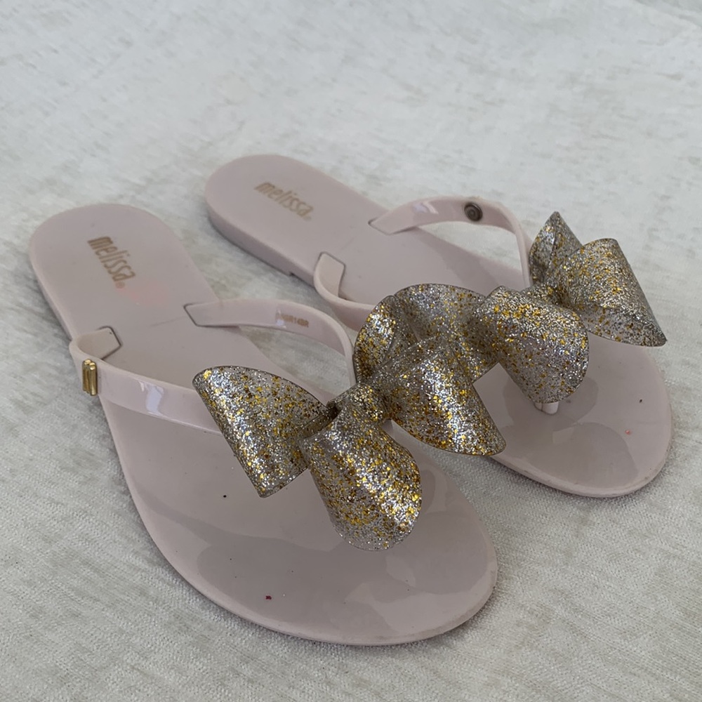 Melissa Harmonic Gold Silver Glitter Sparkle Bow Jelly Flip Flop Sandals